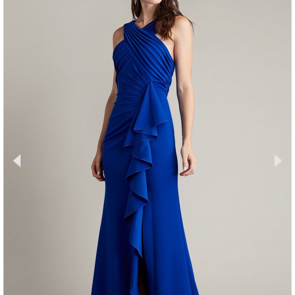 Tadashi Shoji Blue Asymmetrical Ruched One Shoulder Gown